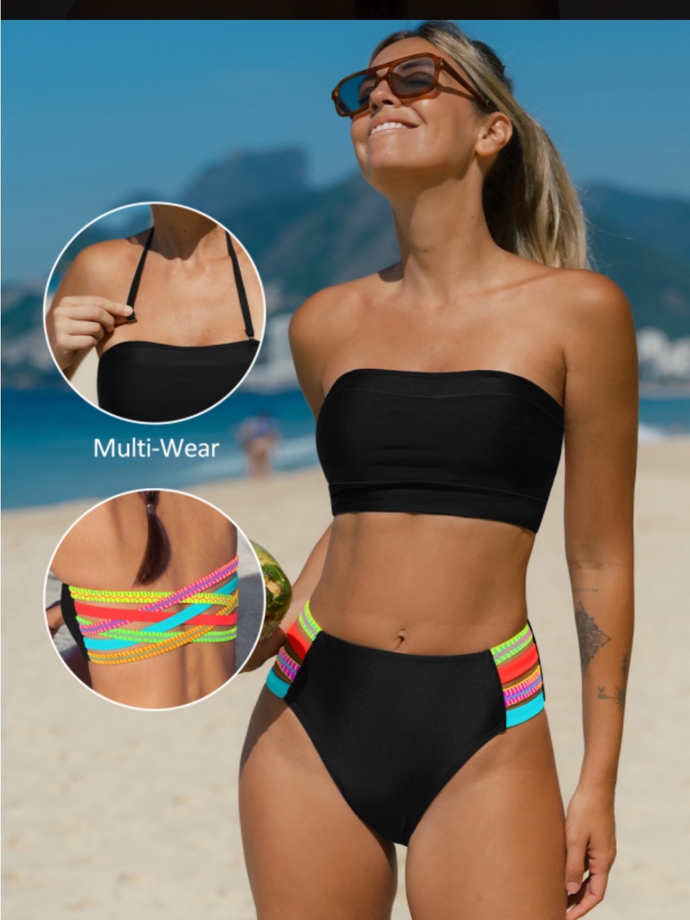 Black Bandeau High-Waist Bikini with Neon Multi-Trim - Women Swim